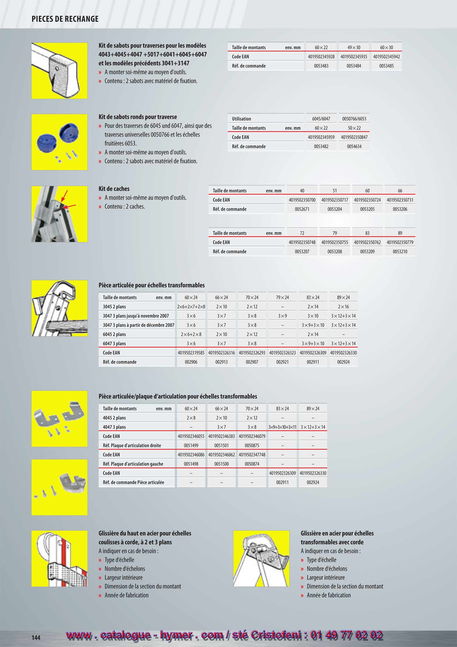 PIECES DETACHEES 
PATINS, SABOTS ET SABOTS POUR STABILISATEUR 


Kit de patins 
– A monter soi-même au moyen d‘outils. 
– Contenu : 2 patins avec matériel de fixation. 
Dimensions du montant env. mm 
Code EAN 
Réf. de commande 
Dimensions du montant env. mm 
Code EAN 
Réf. de commande 
Dimensions du montant env. mm 
Code EAN 

Kit de sabots pour échelles télescopiques 
4042+8042 et modèle précédent 3042 
– A monter soi-même au moyen d‘outils. 
– Contenu : 1 sabot gauche et 1 sabot droit avec 
matériel de fixation. 
Kit de sabots pour échelles à marches 
6012+6024+6025+6026 
– A monter soi-même au moyen d‘outils. 
– Contenu : 1 sabot gauche et 1 sabot droit avec 
matériel de fixation. 
Kit de sabots pour échelles à marches 
6612+6624+6625+6626 
– A monter soi-même au moyen d‘outils. 
– Contenu : 1 sabot gauche et 1 sabot droit avec 
matériel de fixation. 

Kit de sabots pour stabilisateurs 
pour les mod. 4043+4045+4047 
+5017+6041+6045+6047+6147 et les 
mod. précédents 3041+3147 
– A monter soi-même au moyen d‘outils. 
– Contenu : 2 sabots avec matériel de fixation. 
Kit de sabots arrondis pour stabilisateurs 
– A monter soi-même au moyen d‘outils. 
– Contenu : 2 sabots avec matériel de fixation. 
pour stabilisateurs 